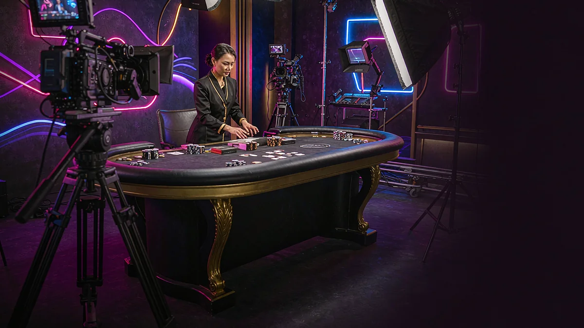 Camera and studio lighting facing a casino table — pkr20 guidance Camera and studio lighting facing a casino table