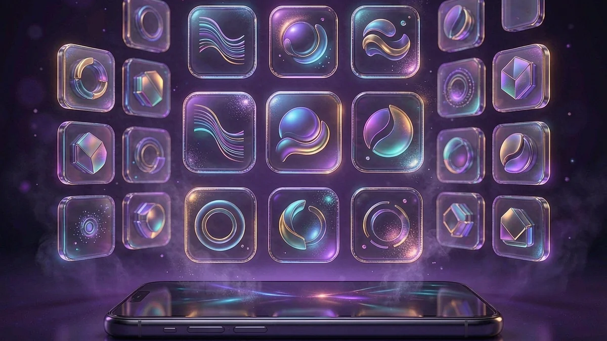 Glowing game-style icons above a smartphone
